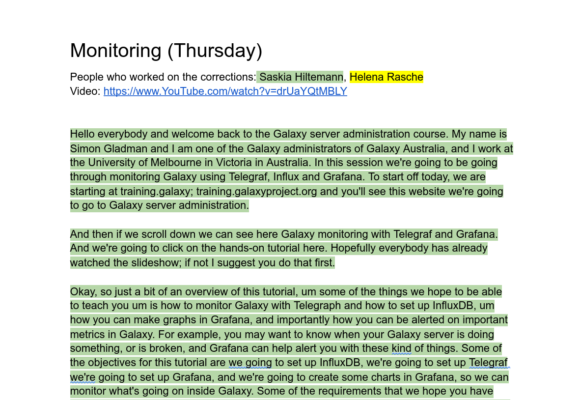 screenshot of Google docs. A section reads 'Monitoring (Thursday)' and lists people who worked on the captions with their names in different colours. The video is linked below, before the rest of the contents highlighted in the colour of the first person.