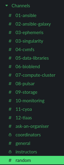 screenshot of slack channels. There's one per topic (e.g. 01-ansible, 02-galaxy), an some other assorted channels: instructors (private), coordinators (private), ask-an-organiser, random, and general.