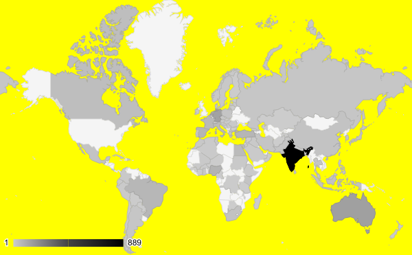 heatmap with world map showing registrations. The highest number of registrations is in India, ~800