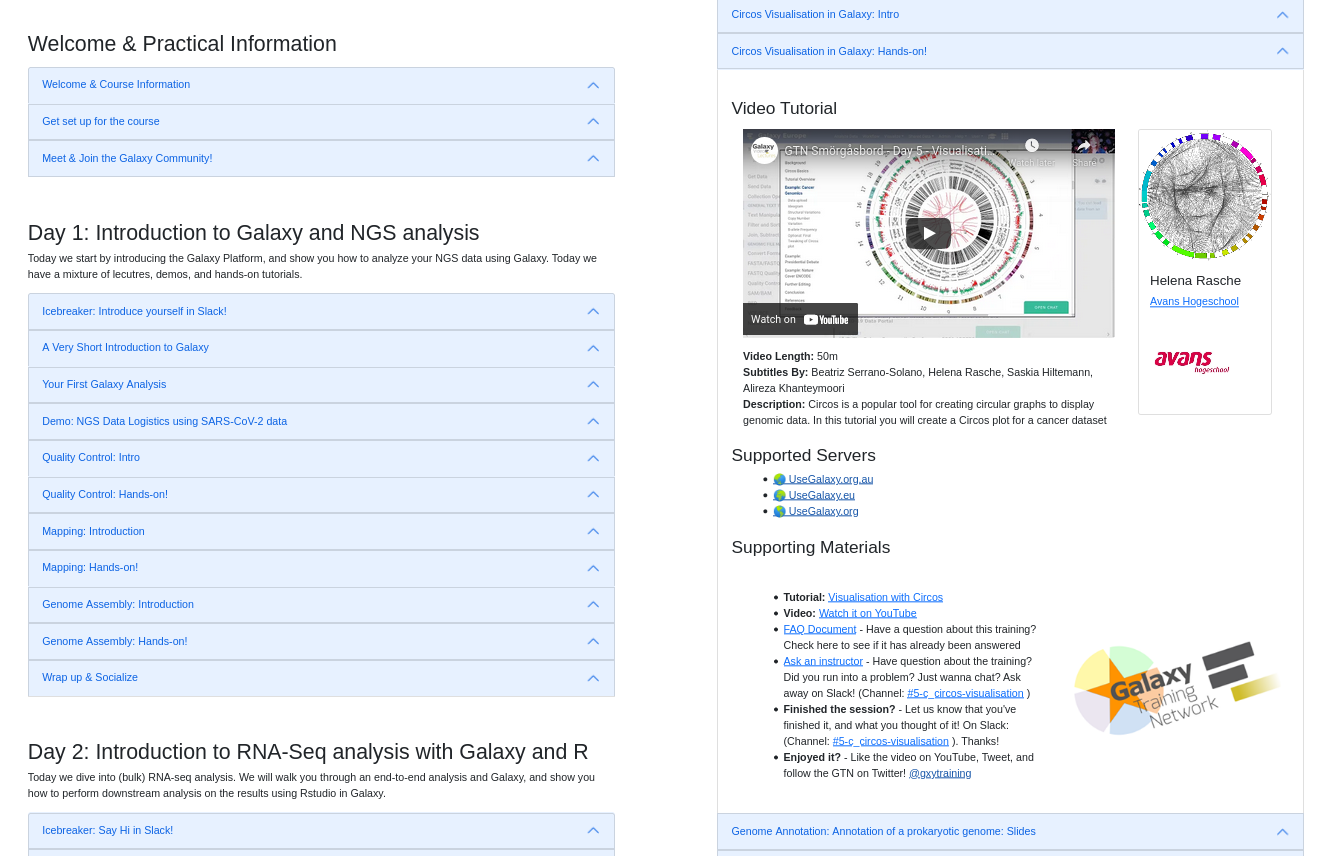 Screenshot of the course webpage. It showed the week's program, and each session could be expanded to reveal more information about the session (description, speaker, etc), as well as all information required to follow it. This included links to the video, written training materials (slides and hands-on manuals on the GTN website), FAQ documents, Slack channel, and any other useful links. It also lists the Galaxy servers the tutorial could be run on.