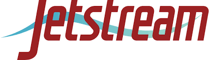 Jetstream logo, it's dark red lettering with a teal green wave in an affront to good design